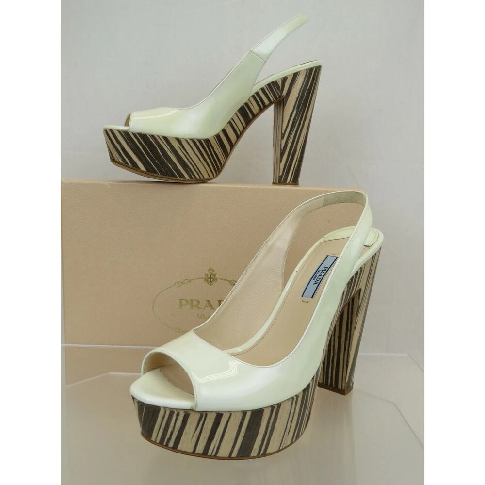 NIB PRADA 1Z647D WHITE PATENT LEATHER WOOD PLATFORM SANDALS PUMPS 40.5 ITALY - Picture 1 of 11